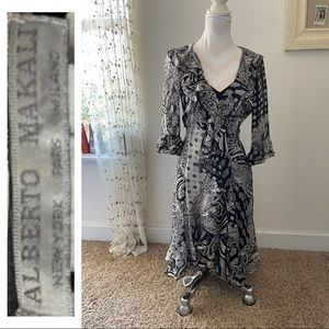 ALBERTO MAKALI silk black-and-white paisley print hi-low ruffle dress size 8 Y2K